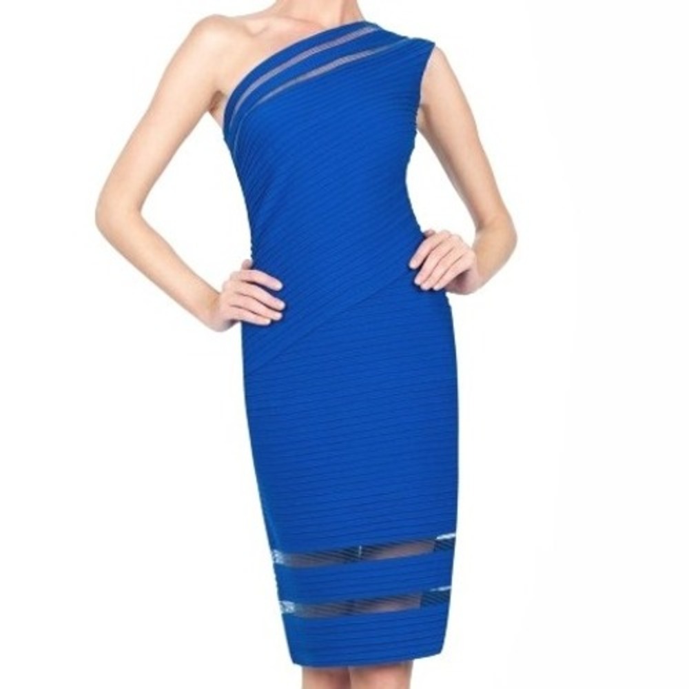 TADASHI SHOJI Women Medium Marina Blue Pintuck Jersey One Shoulder Bodycon Dress